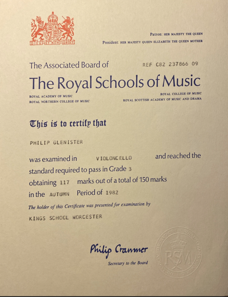 Violoncelle – Grade 3 – Associated Board of the Royal Schools of Music (1982), équivalent de fin de Cycle 1 au conservatoire français