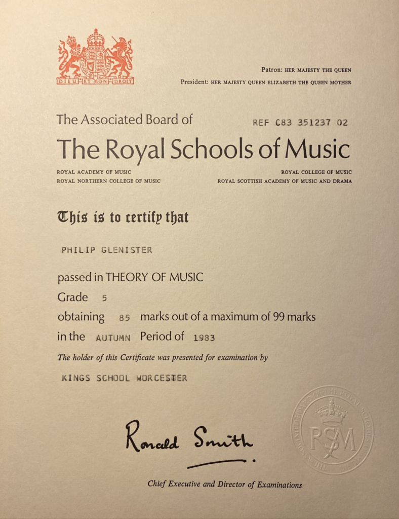 Formation Musicale – Grade 5 – Associated Board of the Royal Schools of Music (1983), équivalent de fin de Cycle 2 au conservatoire français