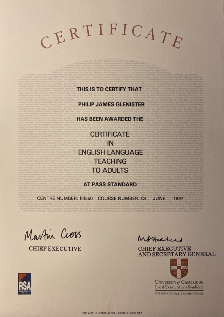 Certificat d’Enseignement de l’Anglais aux Adultes (Université de Cambridge, 1997)