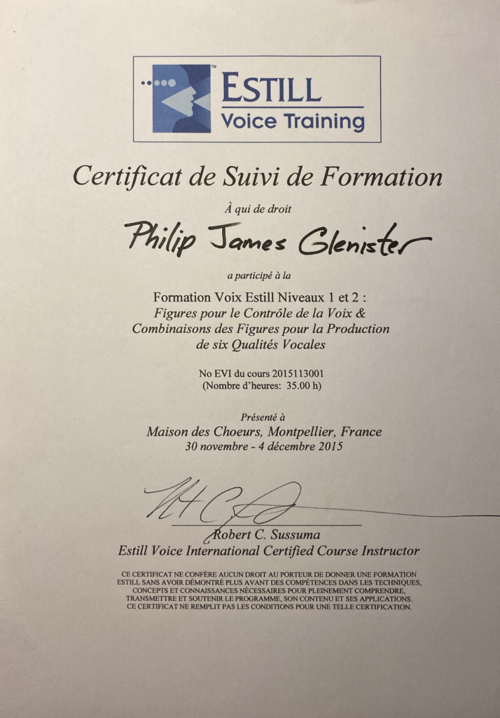 Certificat de Suivi de Formation Estill Voice Model – Niveaux 1 et 2 (Figures pour le Contrôle de la Voix et Qualités Vocales) avec Robert Sussuma